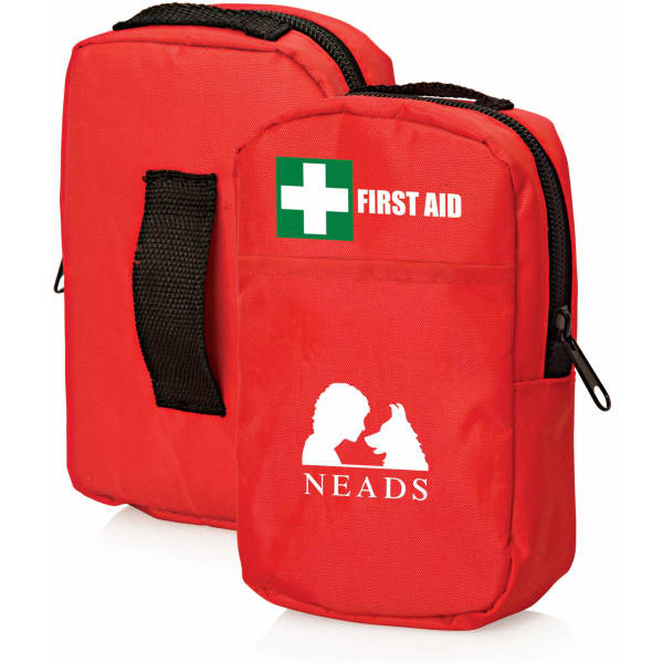 A red first aid kit with a zippered pocket and a handle, featuring a logo and cross design on the front.