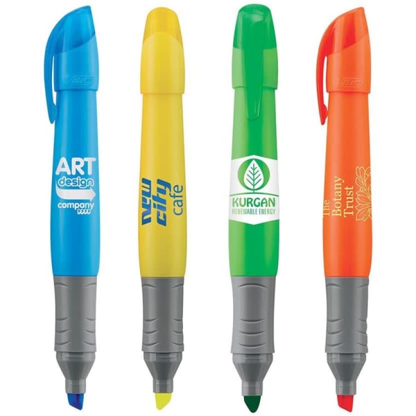 Four highlighters in blue, yellow, green, and orange, featuring grey grips and various logos.
