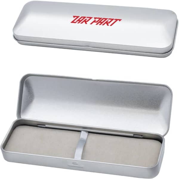 A brushed metal gift box in silver, featuring a soft interior and a logo. Ideal for pen packaging.