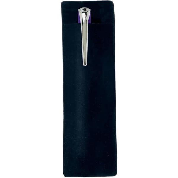 A black velour sleeve with a silver pen partially visible inside, featuring a logo on the exterior.