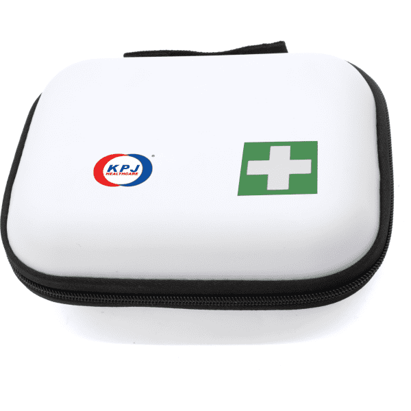 A white compact first aid kit with a green cross and logo, featuring a zippered closure.