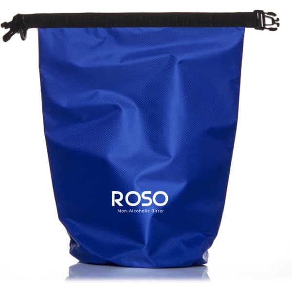 A blue 5L dry bag with a black strap and a logo on the front.