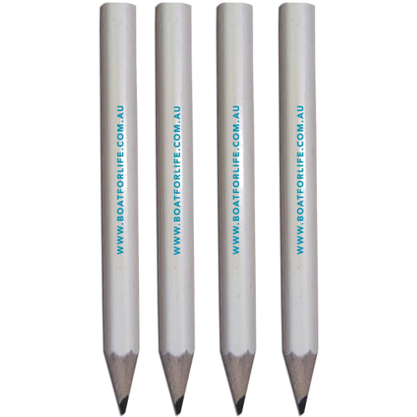 Four grey-lead pencils with white shafts and branding on the side.