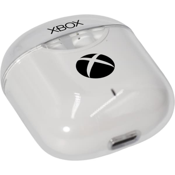 A white charging case for wireless earbuds, featuring an Xbox logo and a clear plastic cover.