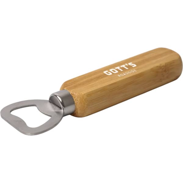 A drink bottle opener with a bamboo handle and stainless steel head, featuring a logo on the handle.