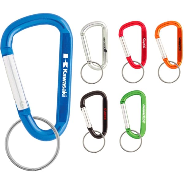 A 60mm carabiner in blue, red, green, silver, black, and orange, featuring various logos and colours.