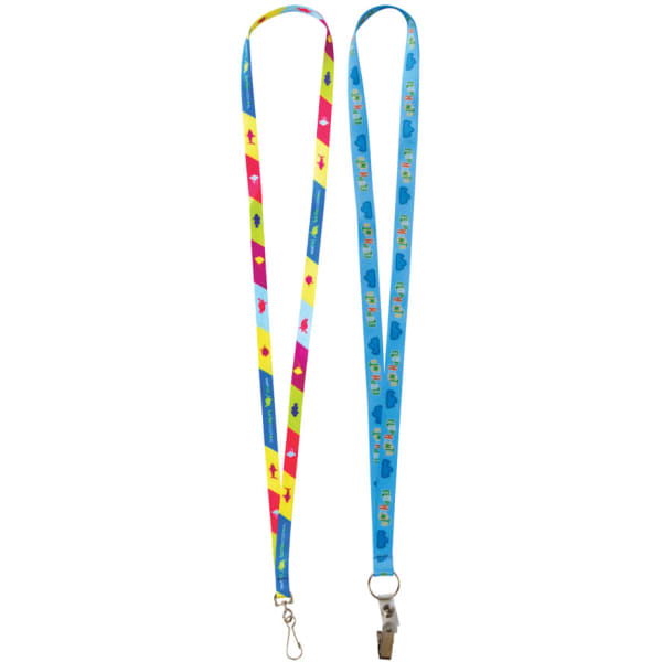 Two 13mm custom lanyards featuring vibrant patterns in blue, pink, and yellow, complete with attachments and logos.