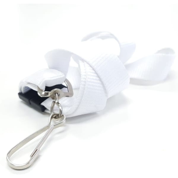 A white 19mm custom lanyard with a metal clip and logo branding.