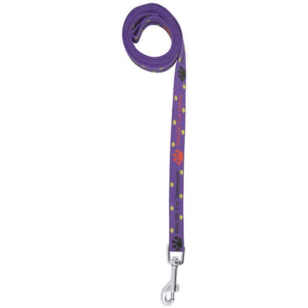 A purple dog leash, 1.4M long and 10mm wide, with a clip and colourful paw print designs.