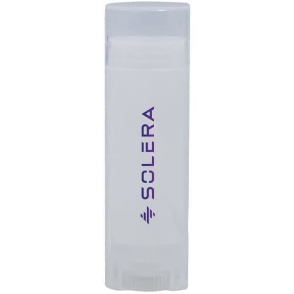 A transparent lip balm container with a white balm inside and a purple logo.