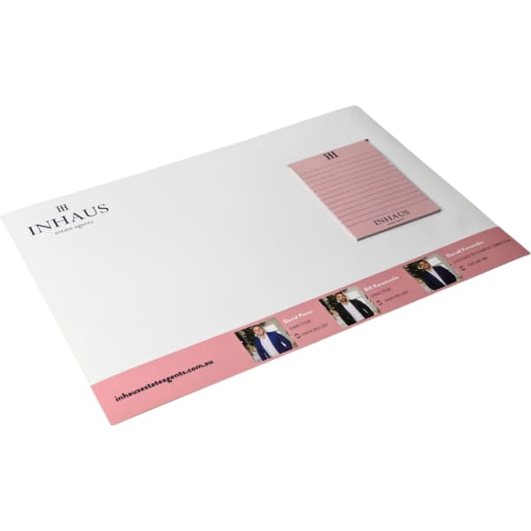 A3 magnetic whiteboard with a notepad in white and pink, featuring a branding logo and a lined notepad section.
