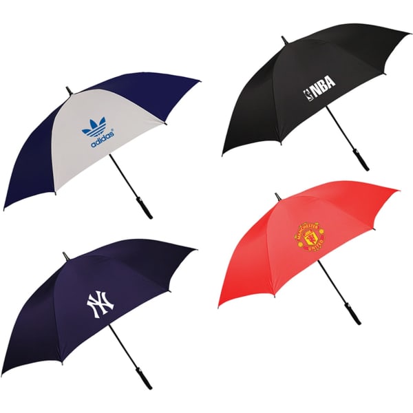 A collection of four golf umbrellas in navy, white, black, and red, each featuring different logos.