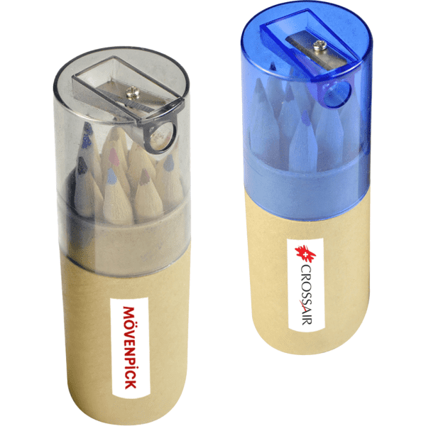 A pencil set in a two-tone container, featuring coloured pencils and sharpeners, with logos on the sides.