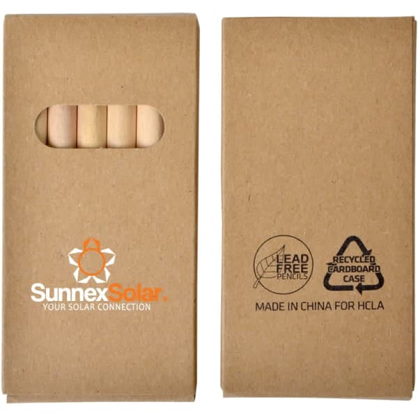 A pack of coloured pencils in a recycled cardboard case featuring a logo. The pencils inside are natural wood colour.