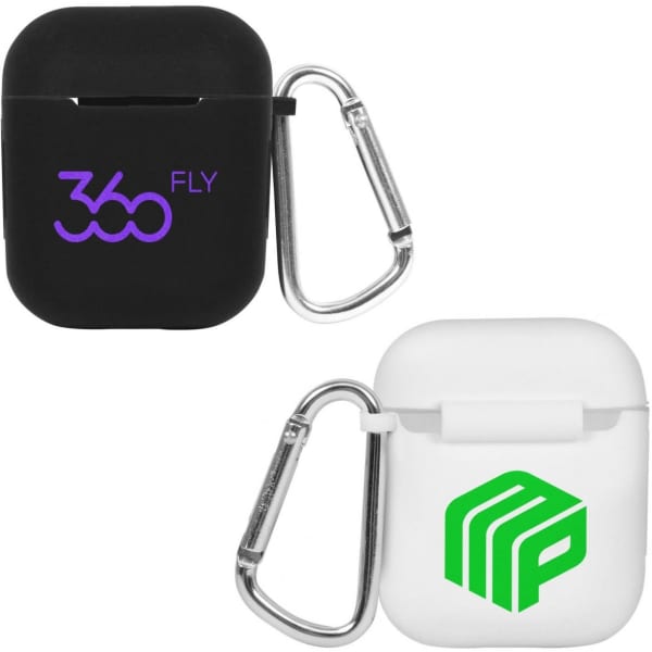 A black and a white earbud case with carabiners, featuring different logos on each.