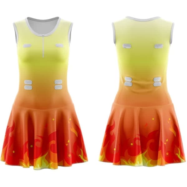 A women's full-skirt netball dress in yellow and orange with a flame design, featuring a zip and a logo.