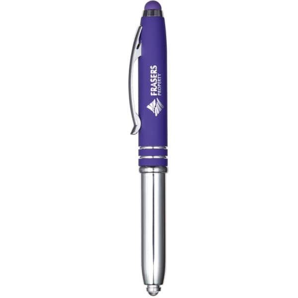 A purple stylus pen with a silver clip and tip, featuring a logo on the barrel.