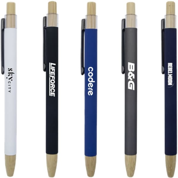 A collection of bamboo click pens in white, black, blue, dark grey, and natural finishes, each with a clip and branding.