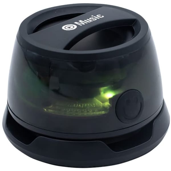 A compact black speaker with a transparent top and subtle green light inside. It features a branding logo.
