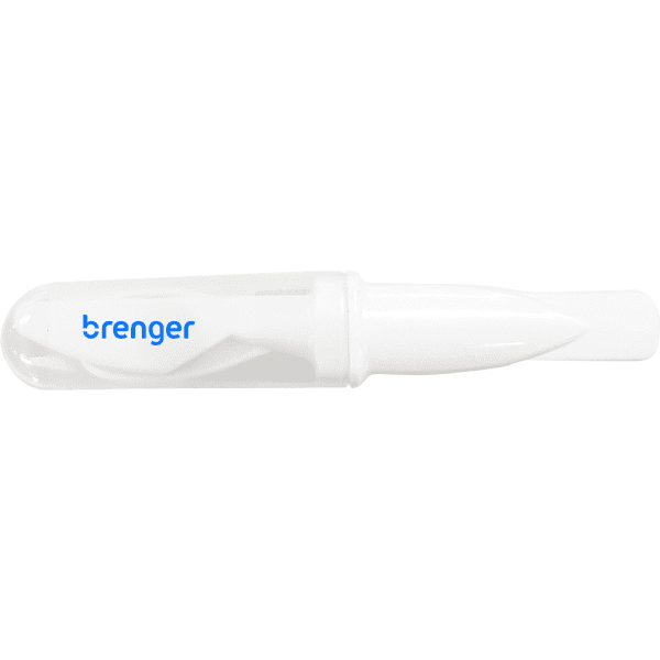 A white promotional product with a transparent cap and a logo. The item appears to be a tool for slicing or spreading.