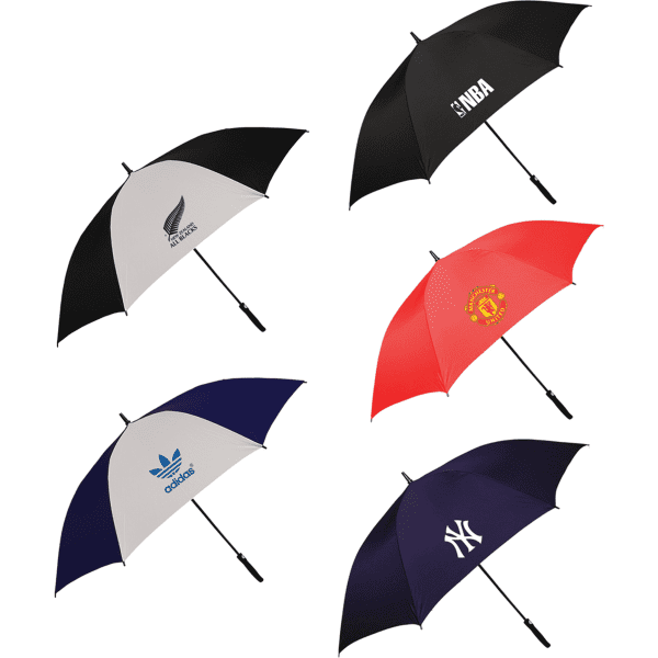A collection of umbrellas in various colours including black, red, navy, and grey, featuring different logos.