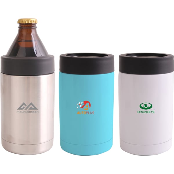 A 14oz stainless steel stubby holder in silver, with two additional coloured holders in blue and white, featuring logos.