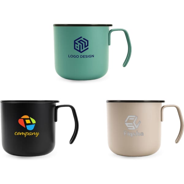 Three stainless steel insulated mugs in teal, black, and beige, each featuring a logo.