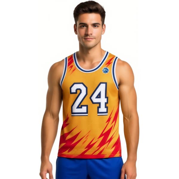 A sleeveless sport jersey in vibrant yellow and red with blue accents and a logo, featuring the number 24.