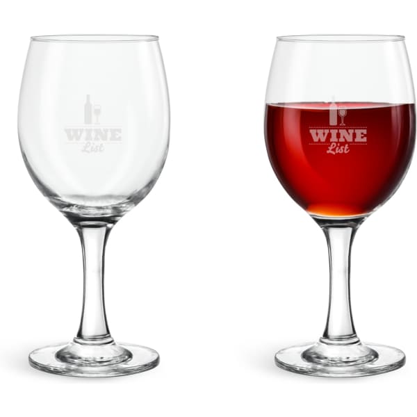 A casual wine glass set featuring one clear glass and one filled with red wine, both with a logo.