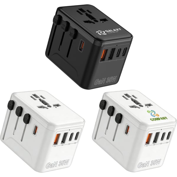 Three travel adapters in black and white, featuring multiple USB and charging ports, with one having a logo.