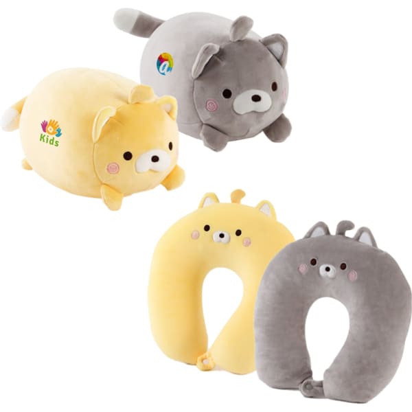 A collection of cat-shaped travel pillows in grey and yellow plush, featuring cute designs and a logo.