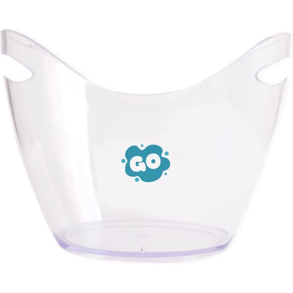 A clear ice bucket with a rounded design and handles, featuring a colourful logo.