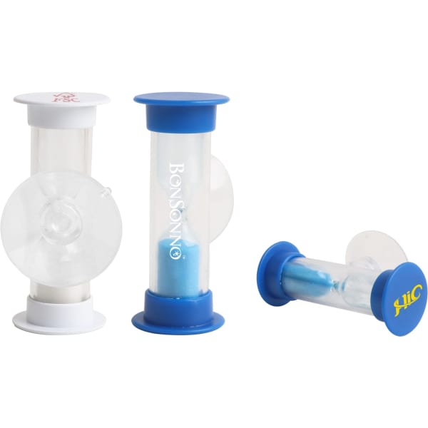A set of three sand timers in white and blue, featuring a transparent body and coloured sand inside.