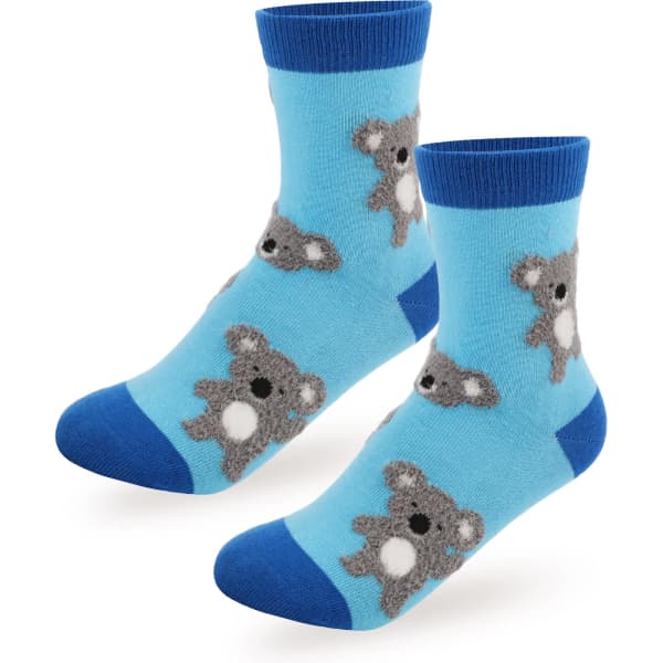 A pair of blue socks featuring grey koala patterns with white details. Suitable for kids and soft in texture.