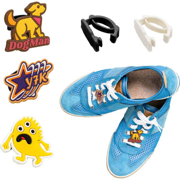 Custom shoelace charms in various colours, including a dog design and other shapes, alongside blue sneakers.
