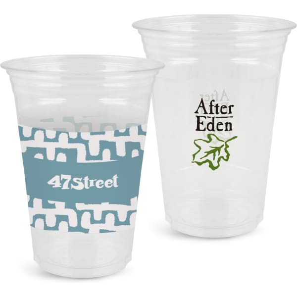 A clear plastic cup in two designs, featuring a logo and decorative patterns. Suitable for beverages.