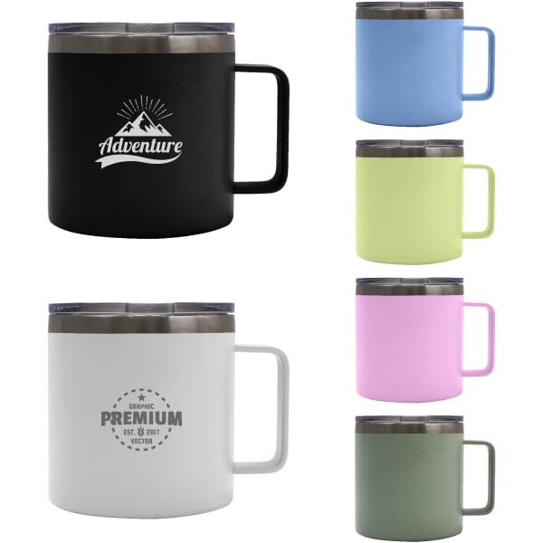 A collection of 450ML RCS recycled stainless steel coffee cups in black, blue, lime, pink, and white, with handles.
