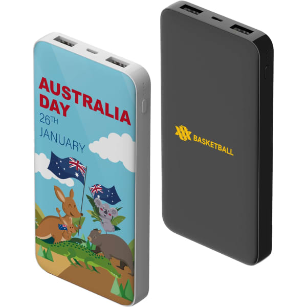 A power bank featuring a full colour print of kangaroos and Australian flags, with a black reverse side and logos.