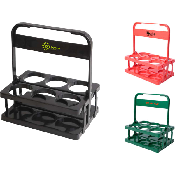 A foldable beer basket in black, red, and green, designed with multiple slots for drink bottles and a logo on each.