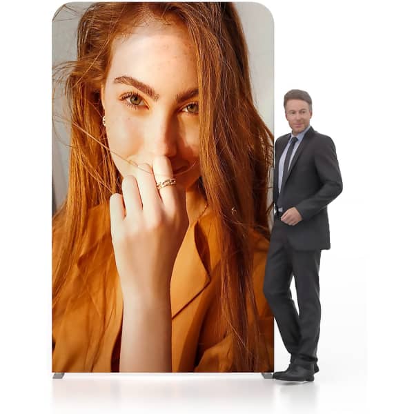 A 1.5m straight tension fabric display wall featuring a close-up image of a woman with red hair, set against a white background.