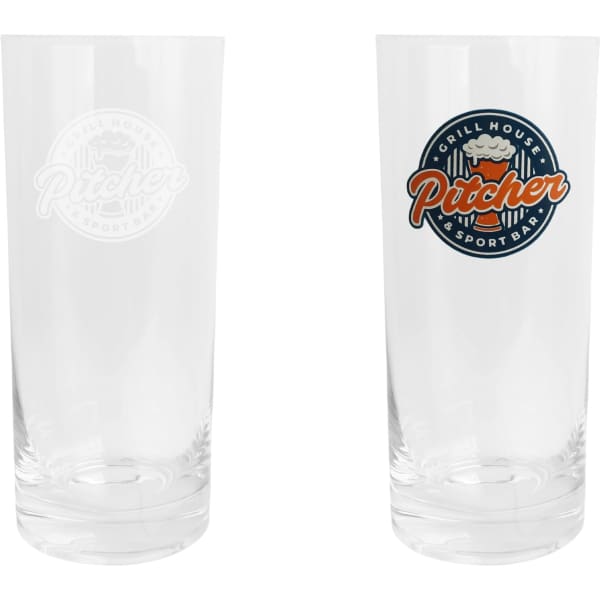 Two clear beer glasses featuring a logo, one with a colour design and one in a frosted finish.