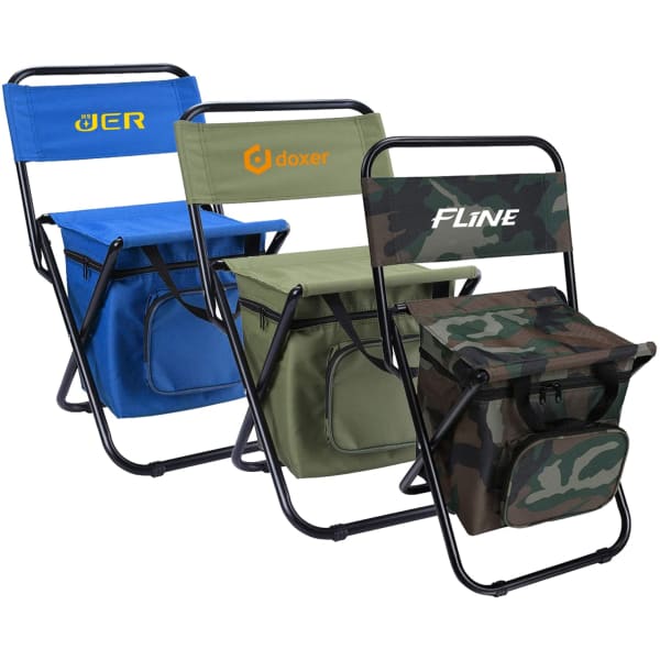 Three foldable camping chairs in blue, green, and camo, each with a cooler bag and a branding logo.