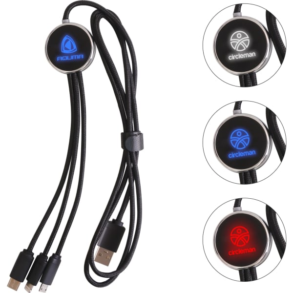 A 3-in-1 charging cable with a black braided design, featuring three connectors and a circular illuminated logo.