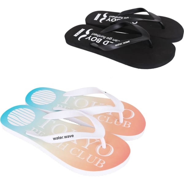 A pair of black thongs and a pair of multicoloured gradient thongs with white straps, each featuring a logo.