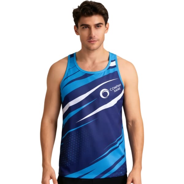 A blue and navy sports singlet featuring a dynamic design and a logo on the front.