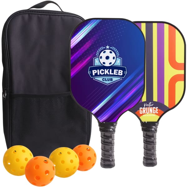 A Fiberglass Pickleball Set featuring two paddles, a black carry bag, and three yellow balls.