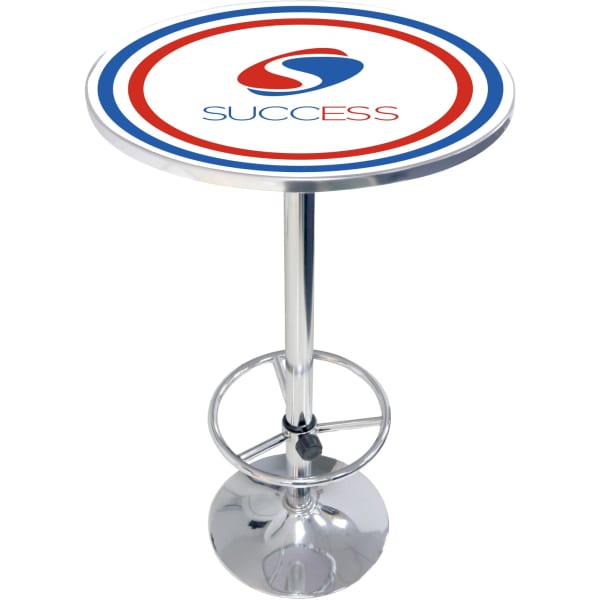 A round bar table with a chrome base, featuring a circular top in red, white, and blue with a logo.