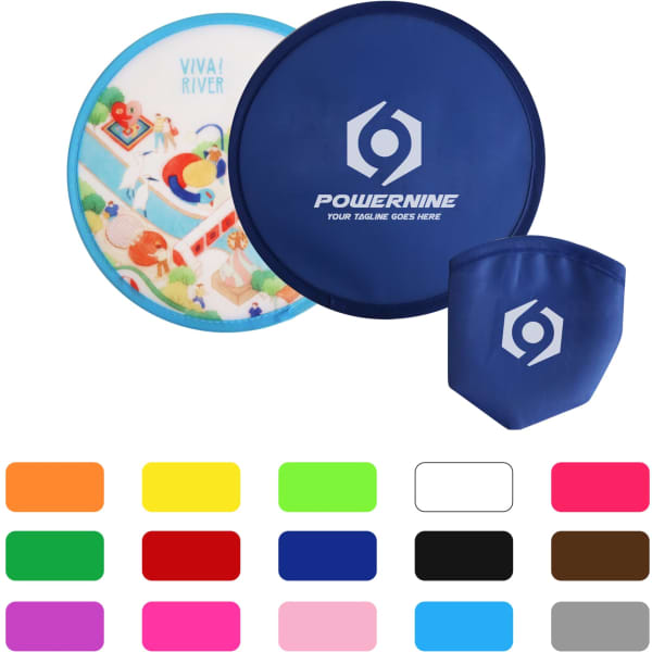 A foldable frisbee in blue with an accompanying pouch, alongside various colour options displayed below.