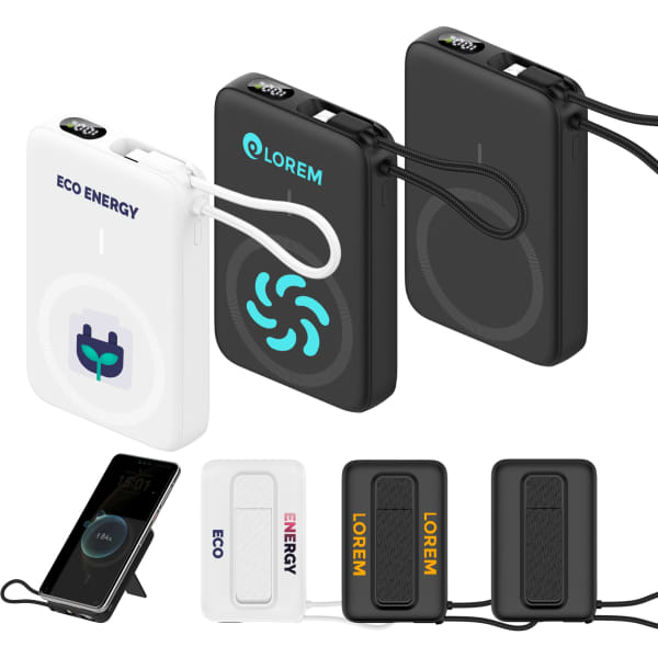 A set of two power banks, one white and one black, featuring a charging cable and built-in wireless charging capabilities.