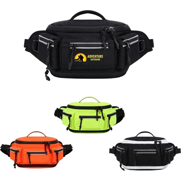 Expandable bum bags in black, bright green, orange, and white, featuring multiple zippered compartments and a logo.